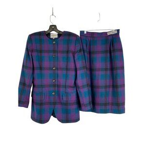 Amanda Smith VTG Wool Skirt Suit Set Purple & Teal Plaid Size 6 Bulgaria RE10613